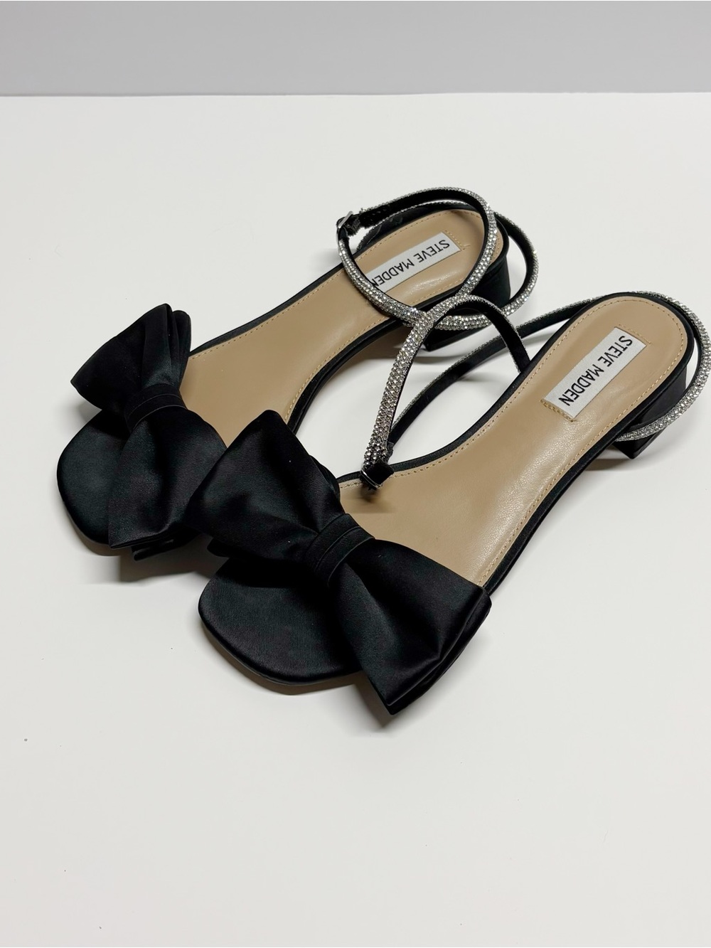 Steve Madden Black Satin Bow Slingback Sandals with Rhinestone Ankle Strap